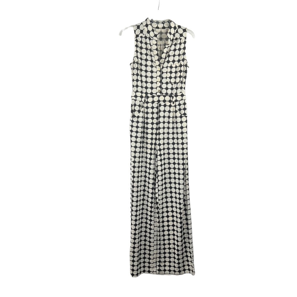 New-shop17 Black/Off White Geometric Print, Wide leg, Sleeveless S Jump Suit SM